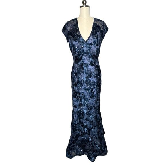 Betsy and Adam Navy Sequin Lace Soutache V Neck Mermaid Gown | Size 10 - Picture 3 of 12